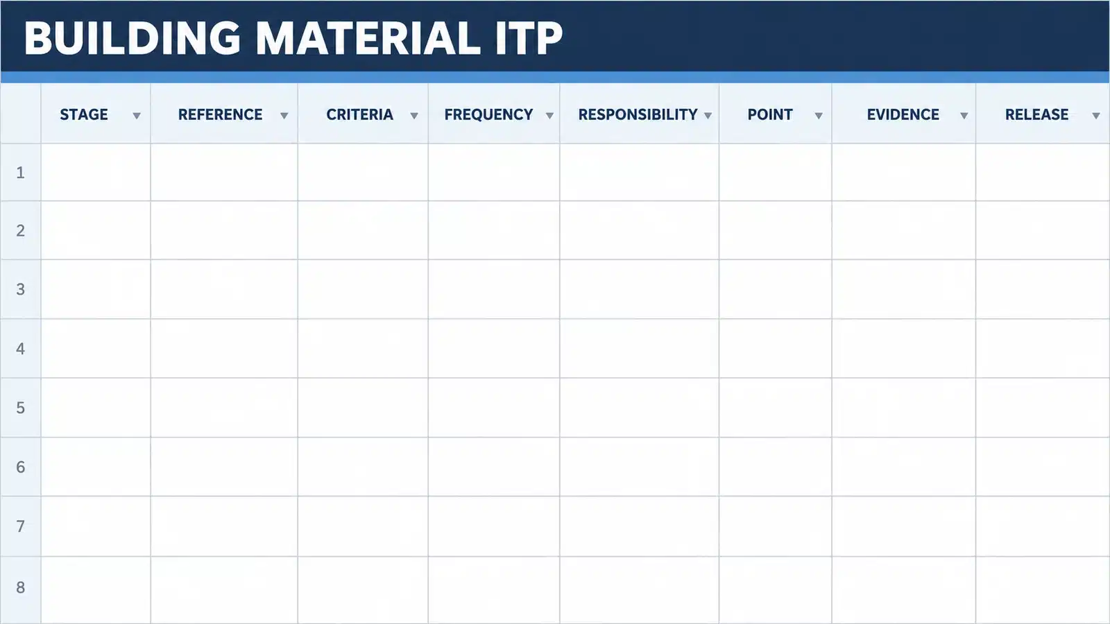 Building material ITP template with inspection stages acceptance criteria responsibilities and evidence fields