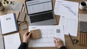 Construction procurement plan template beside drawings and building material samples