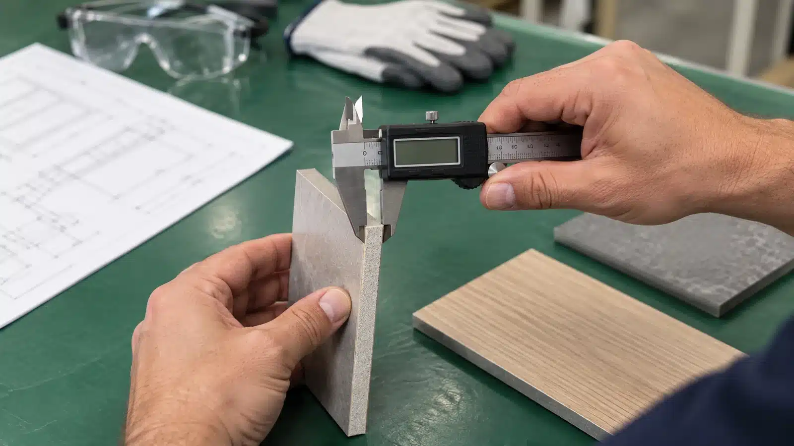 Inspector measuring a building material sample with a caliper during an AQL inspection