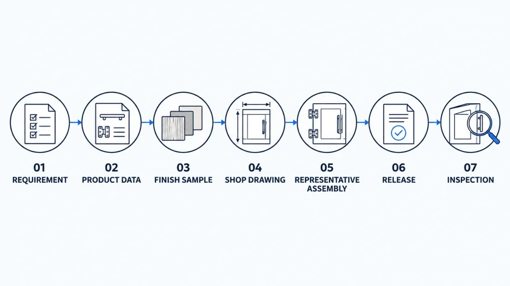 Cabinet hardware approval workflow from specification and sample to inspection