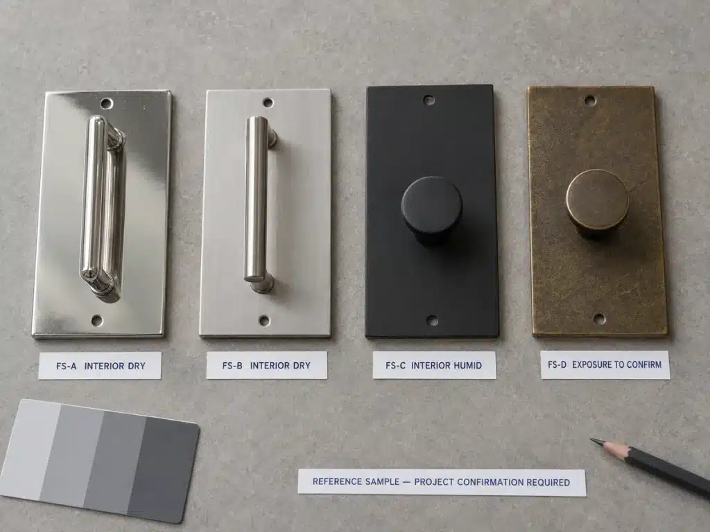 Cabinet hardware finish samples reviewed for color sheen and project exposure