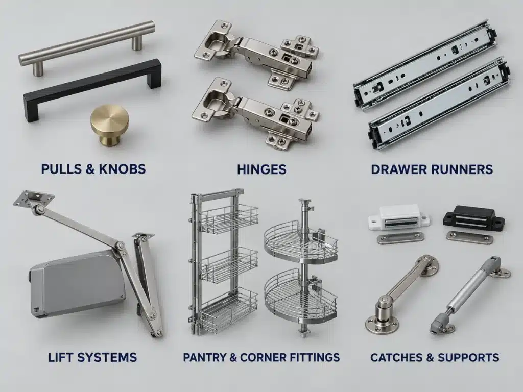 Cabinet hardware types including pulls hinges slides and lift systems