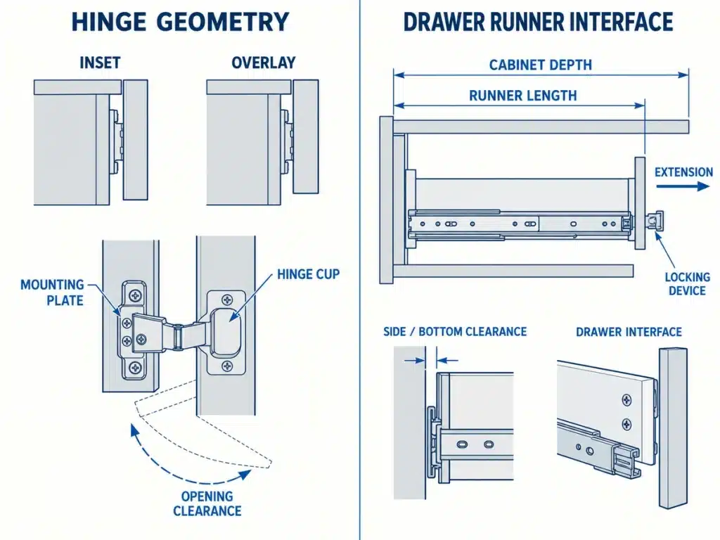 Cabinet hinge and drawer slide specification dimensions and clearances
