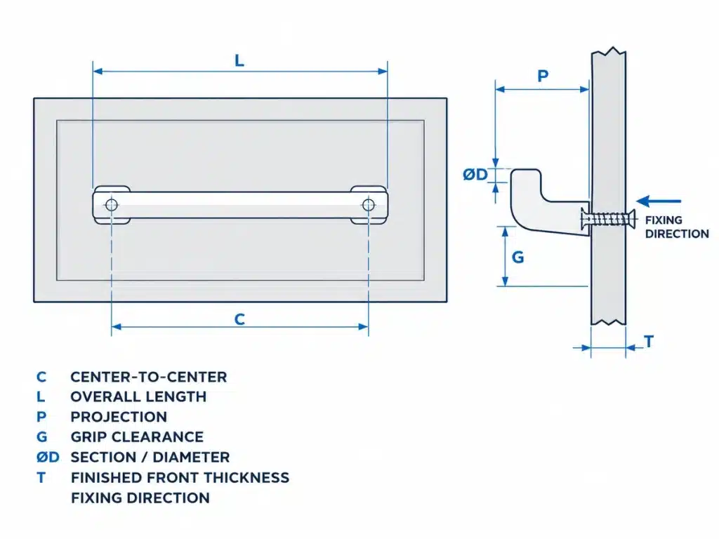 Cabinet pull dimensions showing center spacing overall length projection and fixing