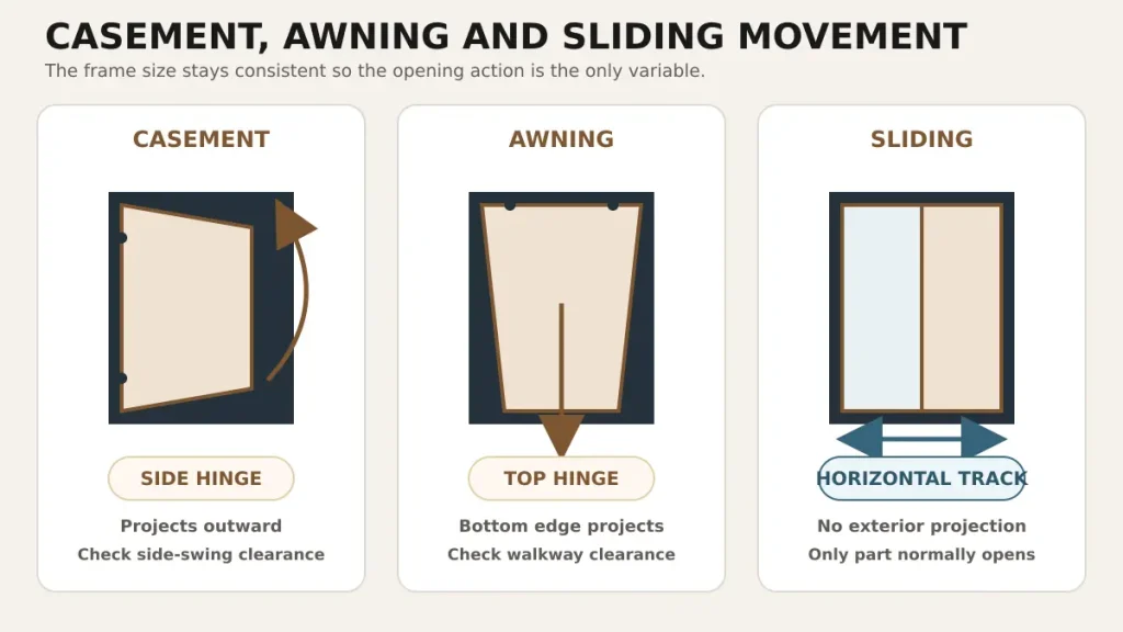 Casement, awning and sliding windows compared by hinge and opening direction