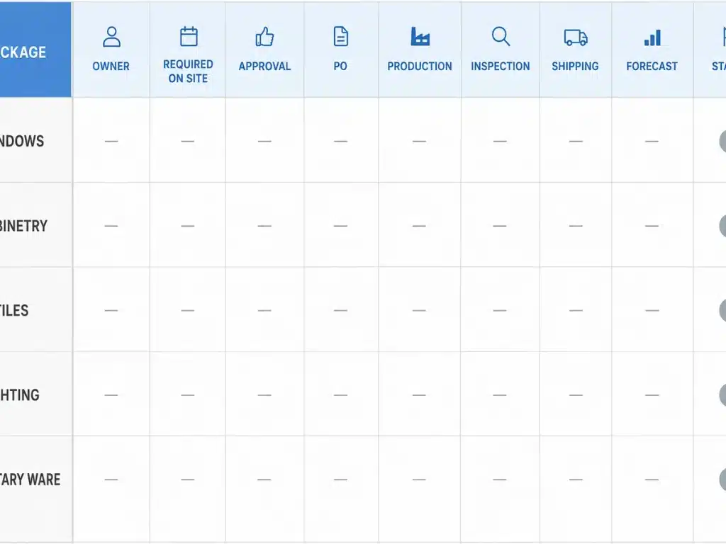 Construction procurement schedule template with package owner approval and delivery fields