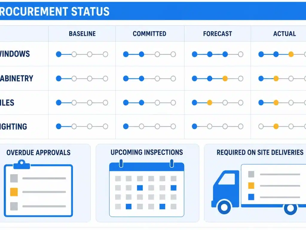 Construction procurement dashboard comparing baseline committed forecast and actual dates