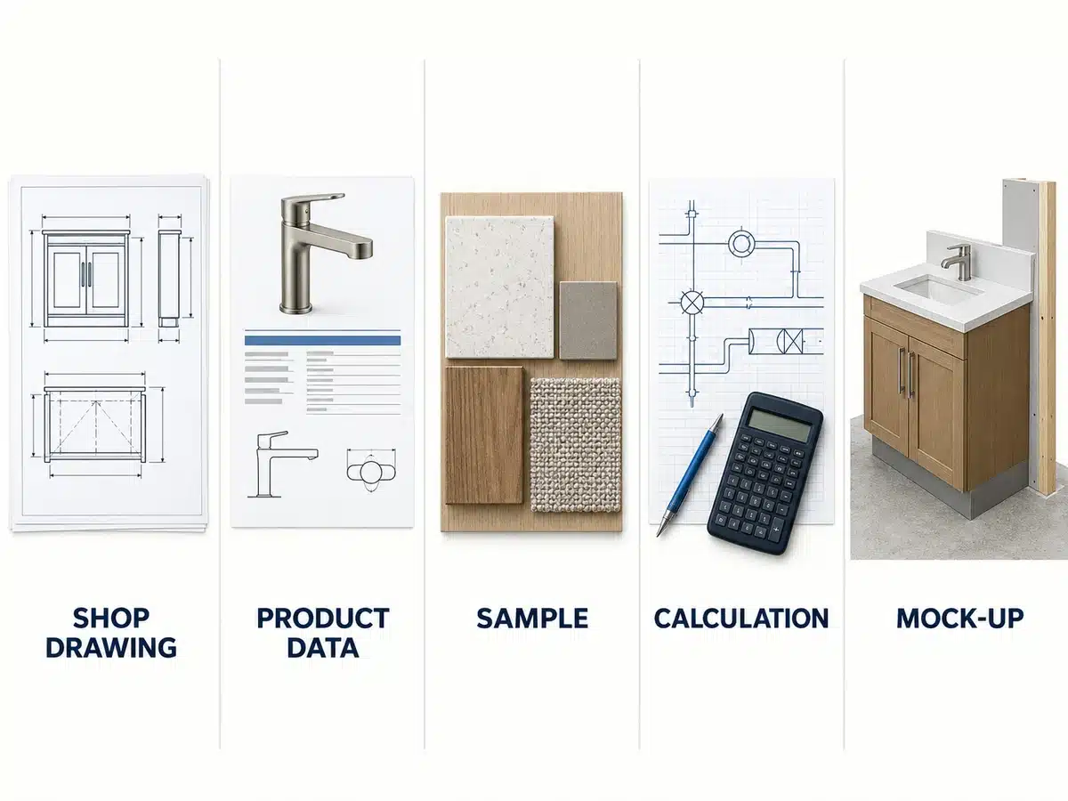 Comparison of shop drawings, product data, material samples, calculations and mock-ups