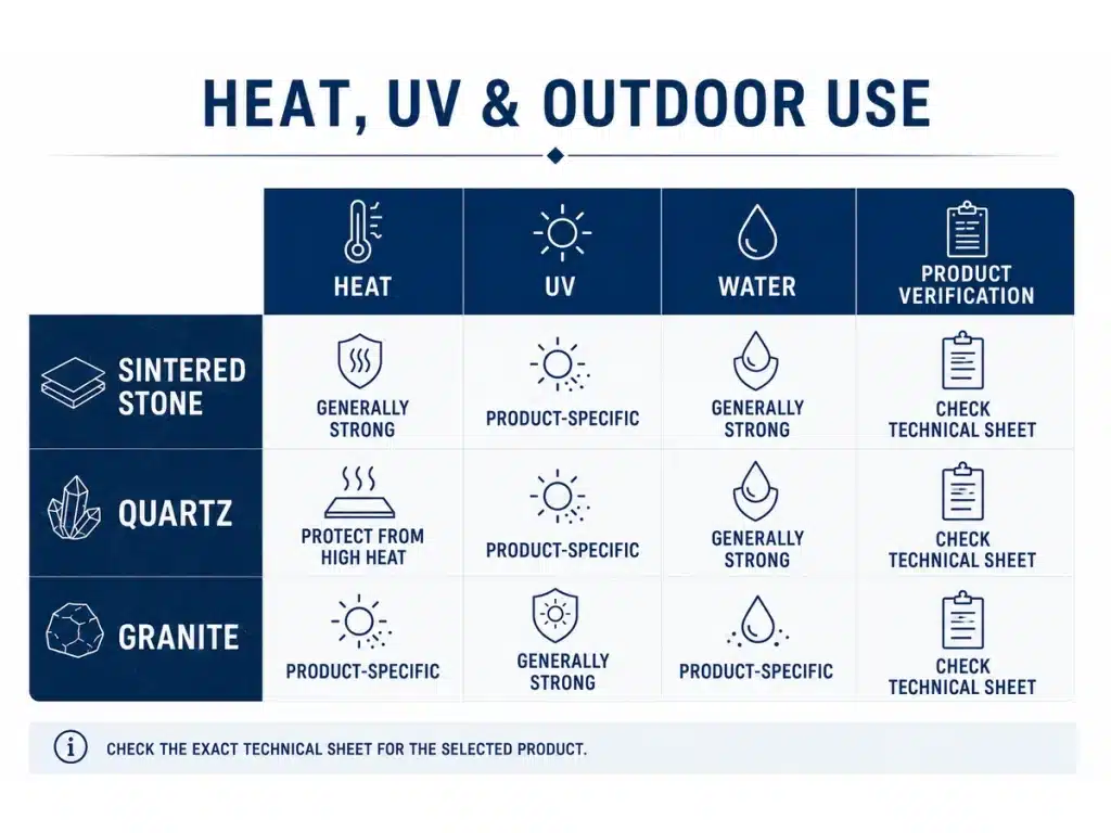 Heat UV and outdoor-use considerations for three countertop materials