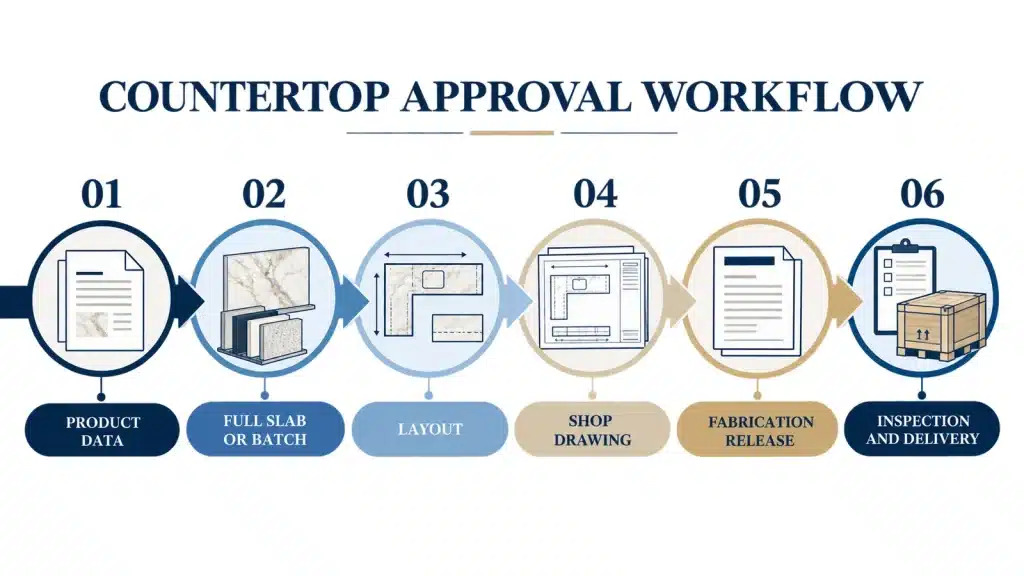 Countertop approval workflow from product data and slab review to fabrication and delivery