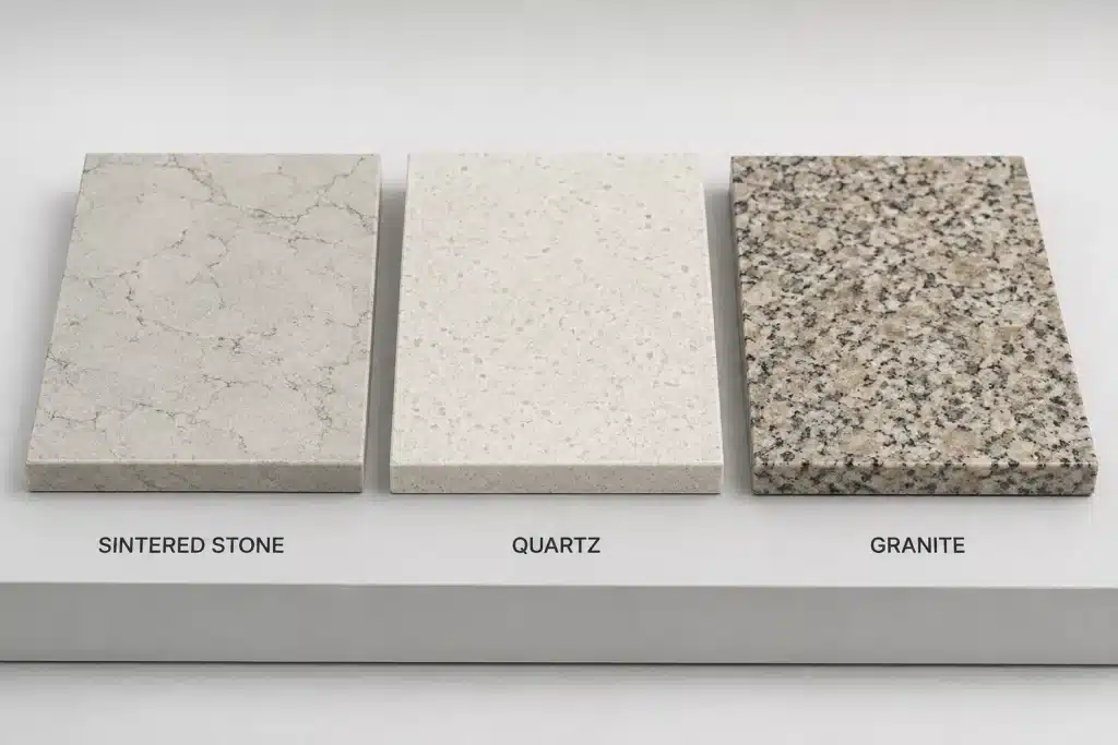 Close-up comparison of sintered stone quartz and granite surfaces and edges