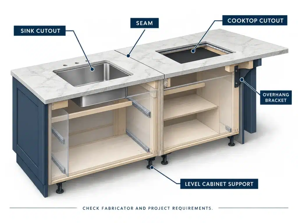 Countertop seam sink cutout overhang and cabinet support coordination