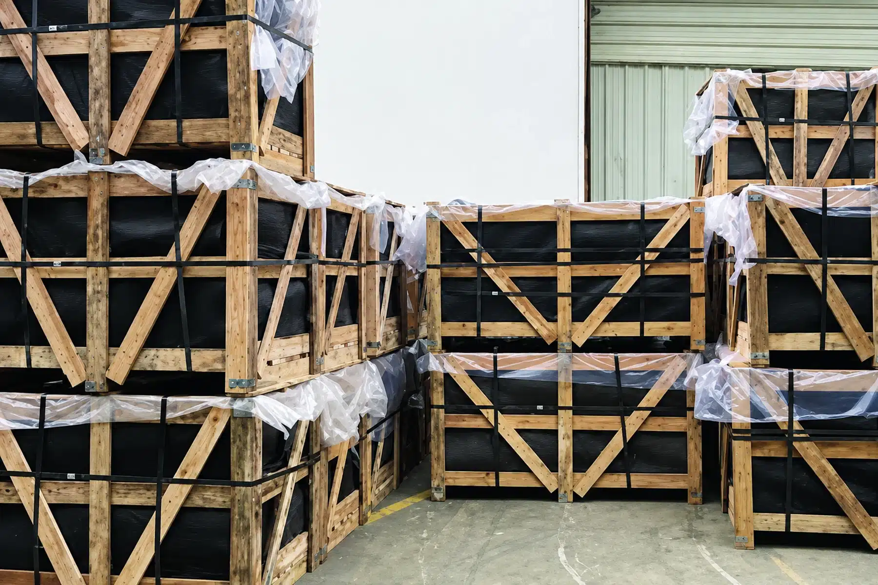 Custom building materials secured in protective wooden crates