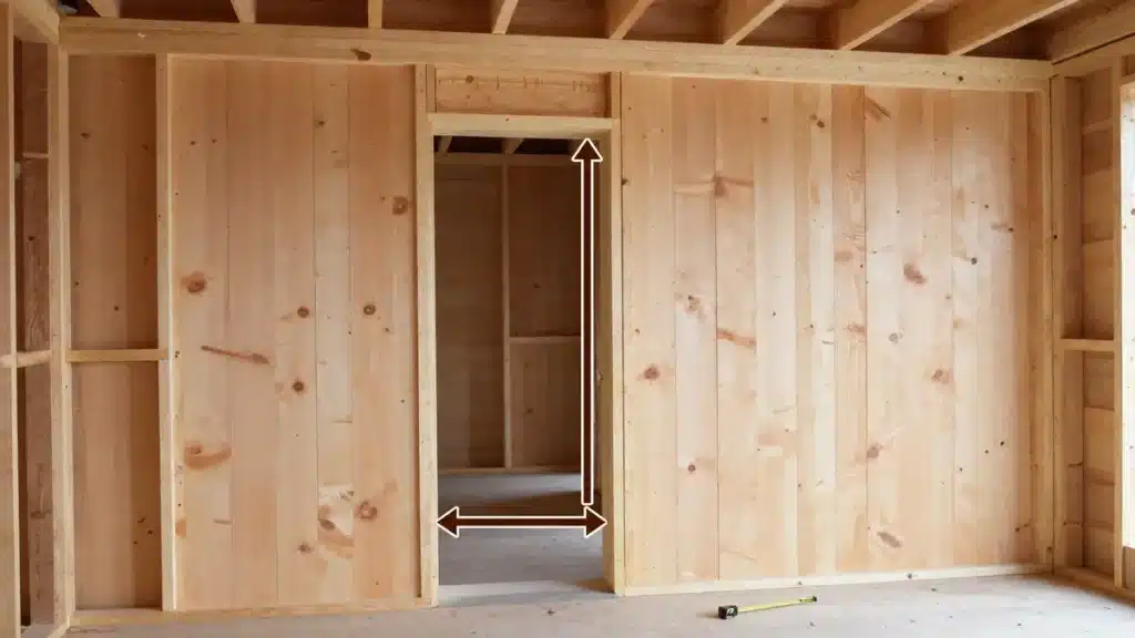 Timber wall framing with a rough opening prepared for a prehung door