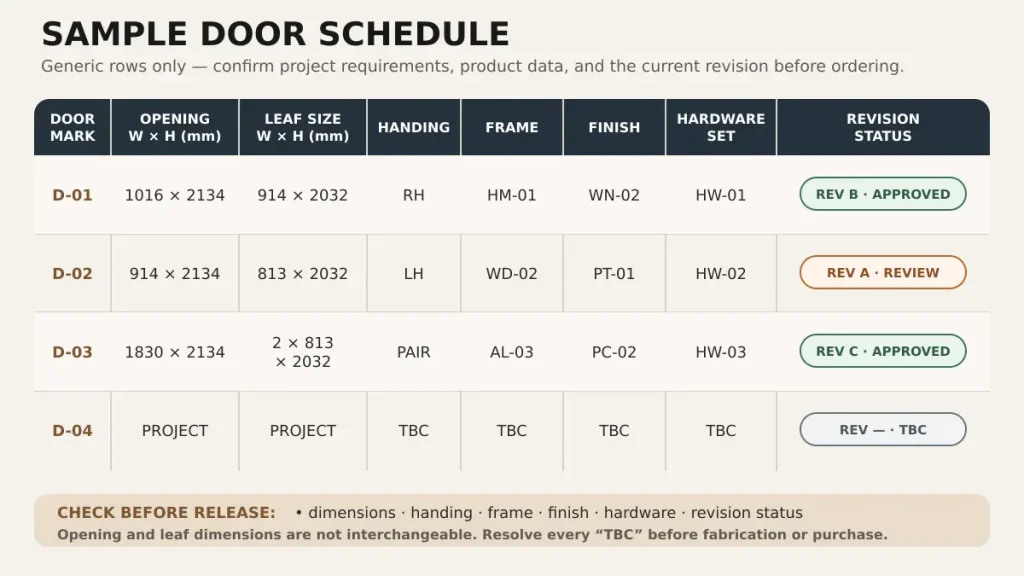 Door schedule with opening dimensions handing frame finish and hardware fields