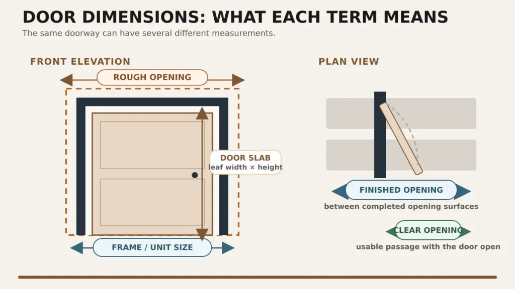 Diagram comparing door slab frame finished opening and rough opening dimensions