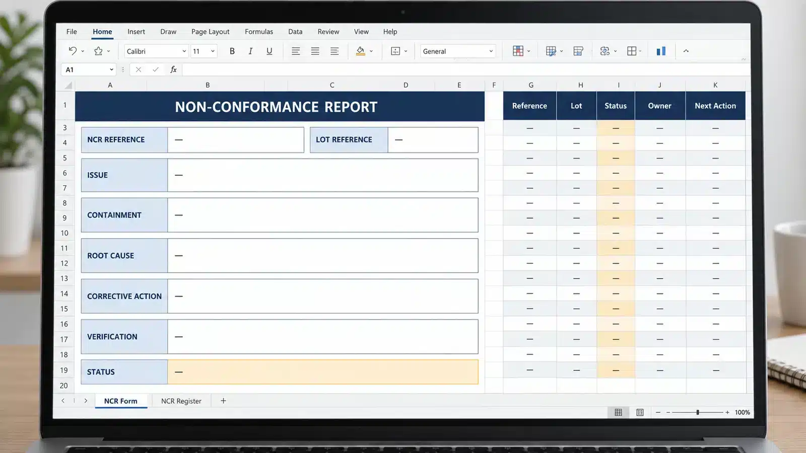 Excel non conformance report template with NCR form and action register
