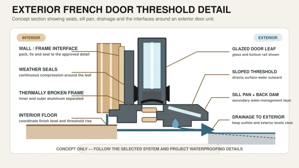 Exterior French door frame threshold weather seals sill pan and drainage detail