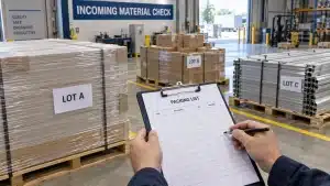 Factory incoming material inspection of labeled supplier lots before production