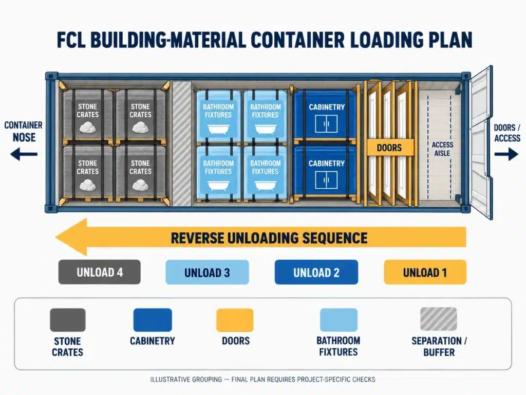 FCL building material container loading plan arranged by cargo type and unloading sequence