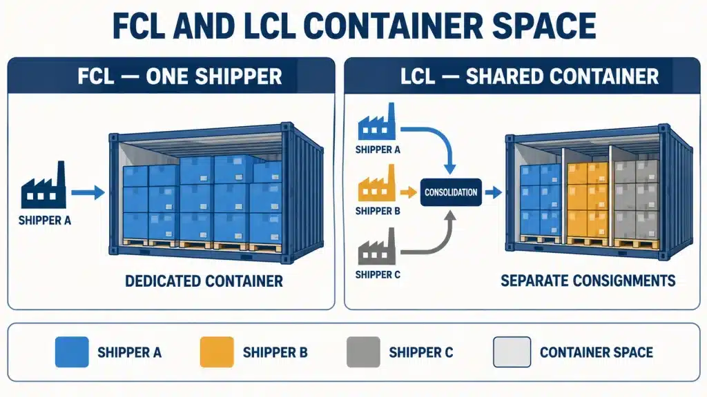 FCL container used by one shipper compared with shared LCL container space