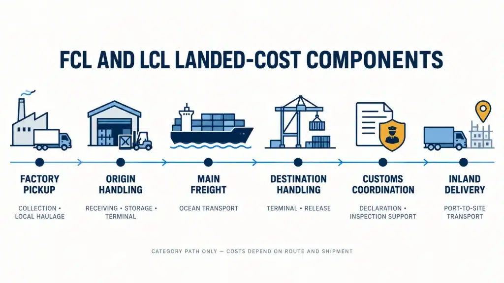 FCL and LCL landed cost components from origin handling to jobsite delivery