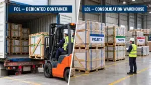 FCL vs LCL shipping comparison for crated and palletized building materials