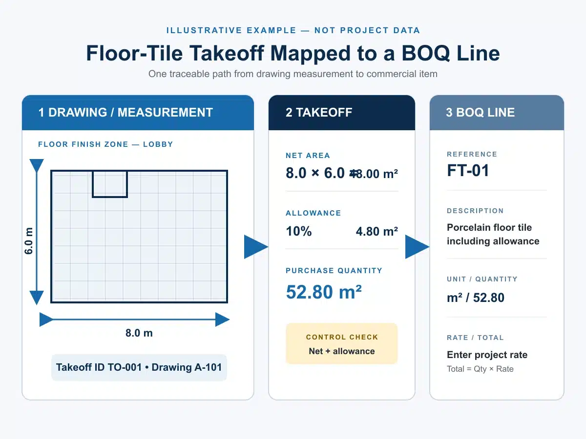 Floor tile material takeoff mapped to a BOQ pricing item