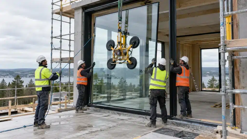 Installation team lifting a large floor-to-ceiling glass unit into a prepared structural opening