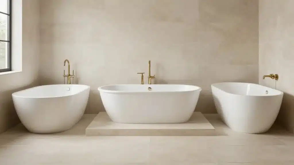 Three freestanding bathtubs showing different lengths widths and basin shapes
