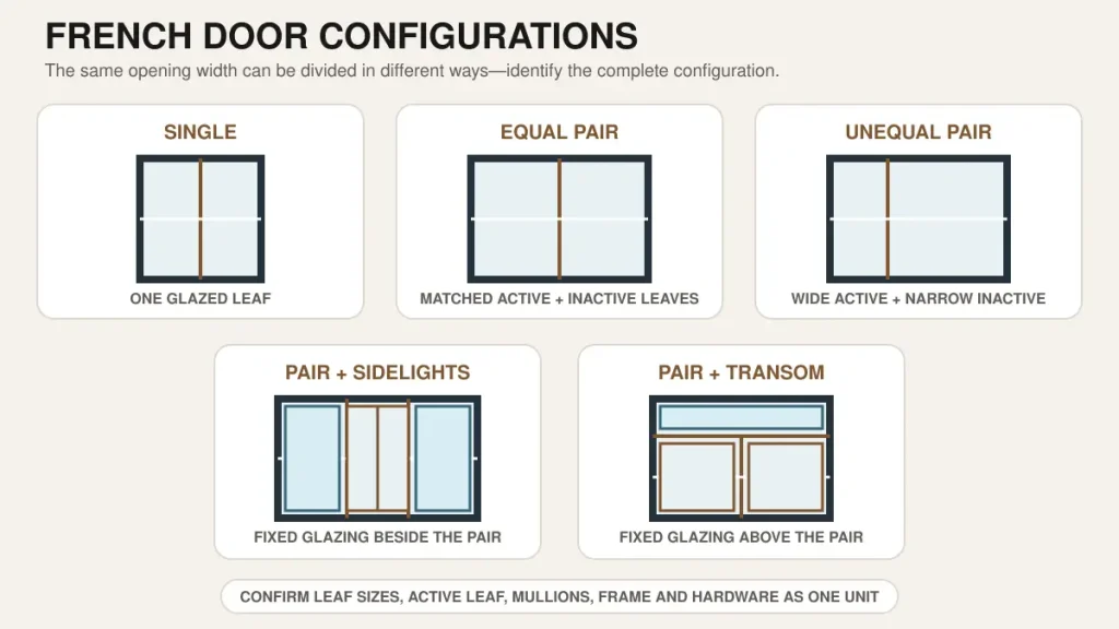 Single paired unequal sidelight and transom French door configurations