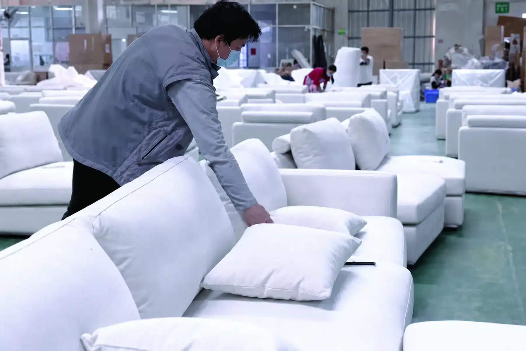 Upholstered furniture arranged during assembly and production follow-up