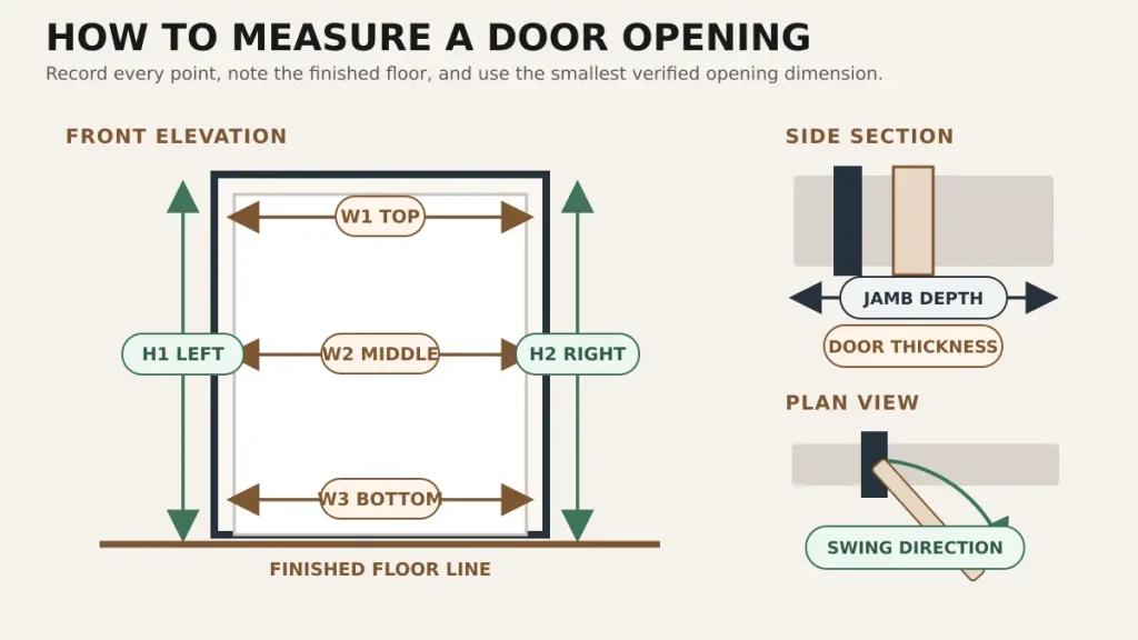 Door opening measurement points for width height jamb depth and finished floor level