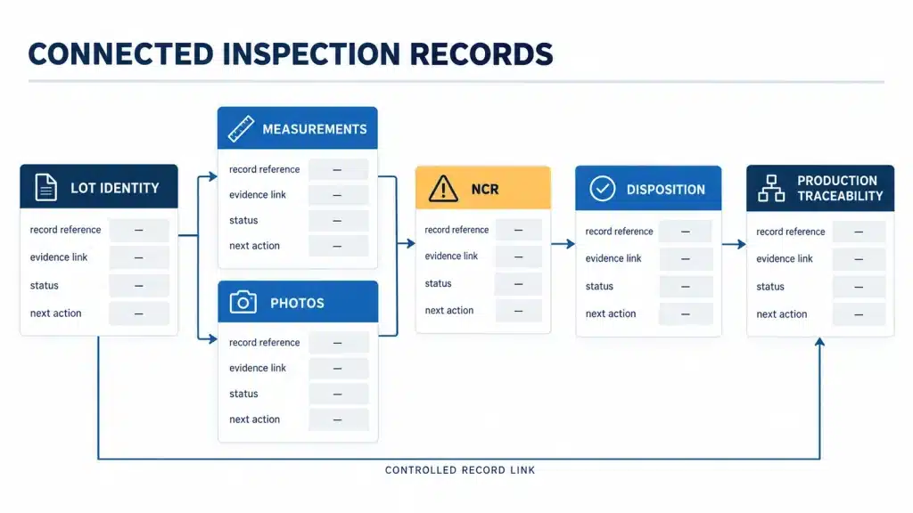 Incoming material inspection report linking measurements photos and lot traceability
