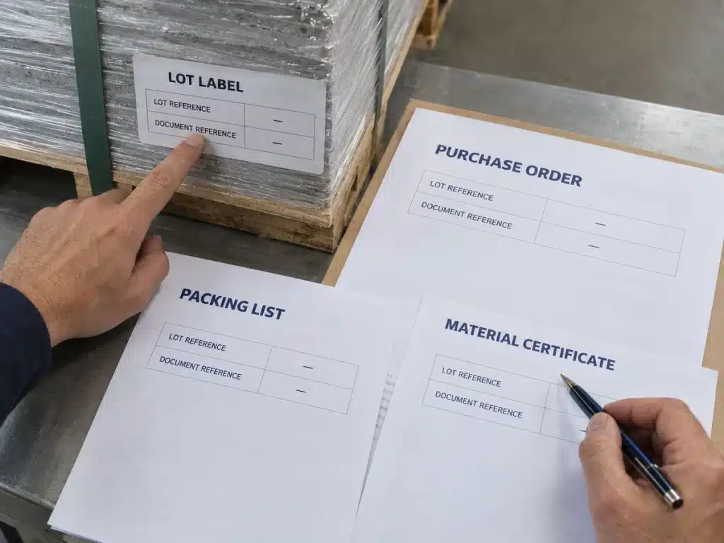 Inspector matching supplier lot labels and certificates to a purchase order