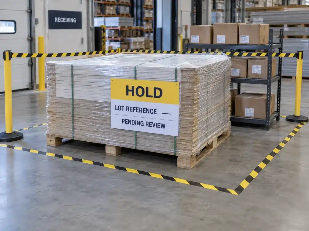 Quarantined incoming material lot with hold label pending nonconformance review