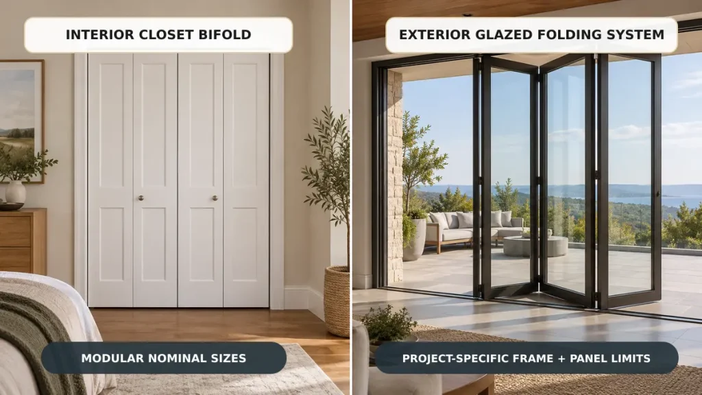 Interior closet bifold door and exterior folding door size comparison
