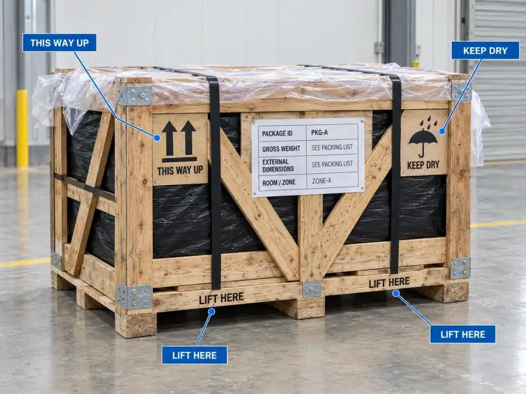 LCL building material packages with traceable IDs weights dimensions and handling labels