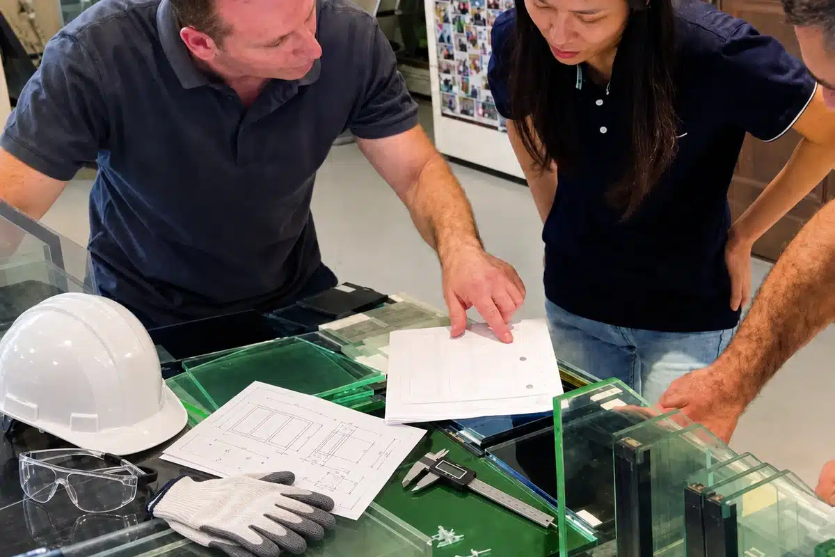 Building material samples drawings and measuring tools prepared for acceptance criteria review