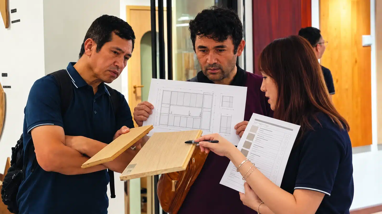Project team reviewing finish samples and drawings during a material approval meeting