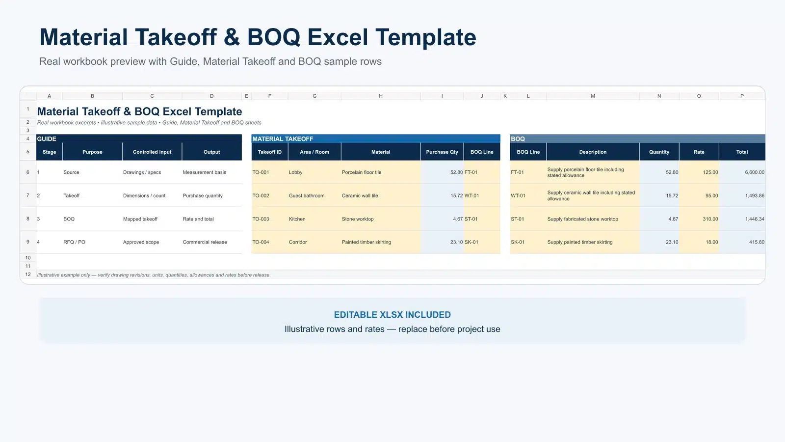 Material takeoff and BOQ Excel template with quantities rates and totals