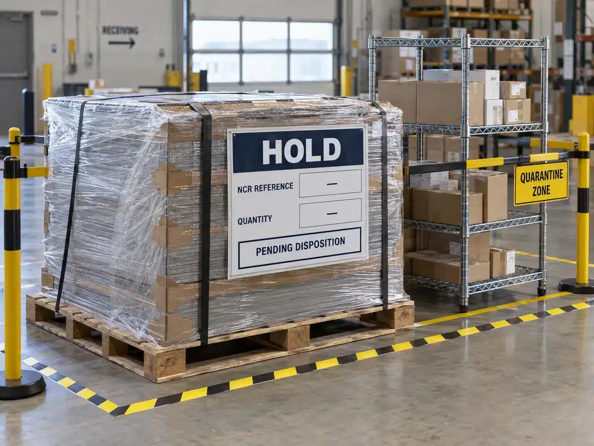 Quarantined building material with hold tag pending NCR disposition