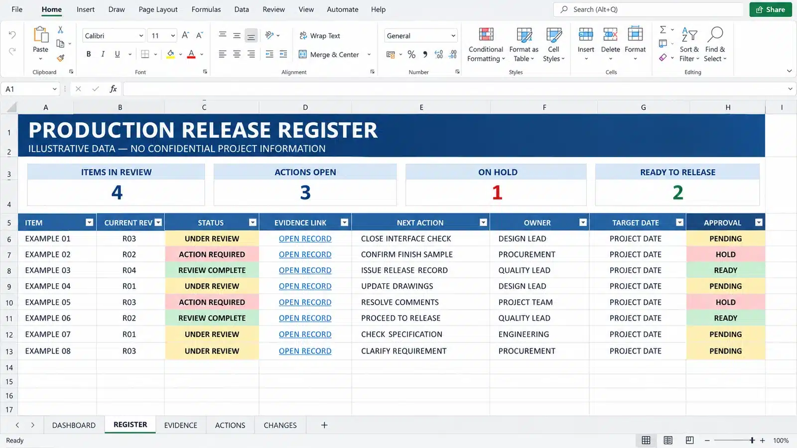 Design freeze register with document revisions approval status open actions owners and effective dates