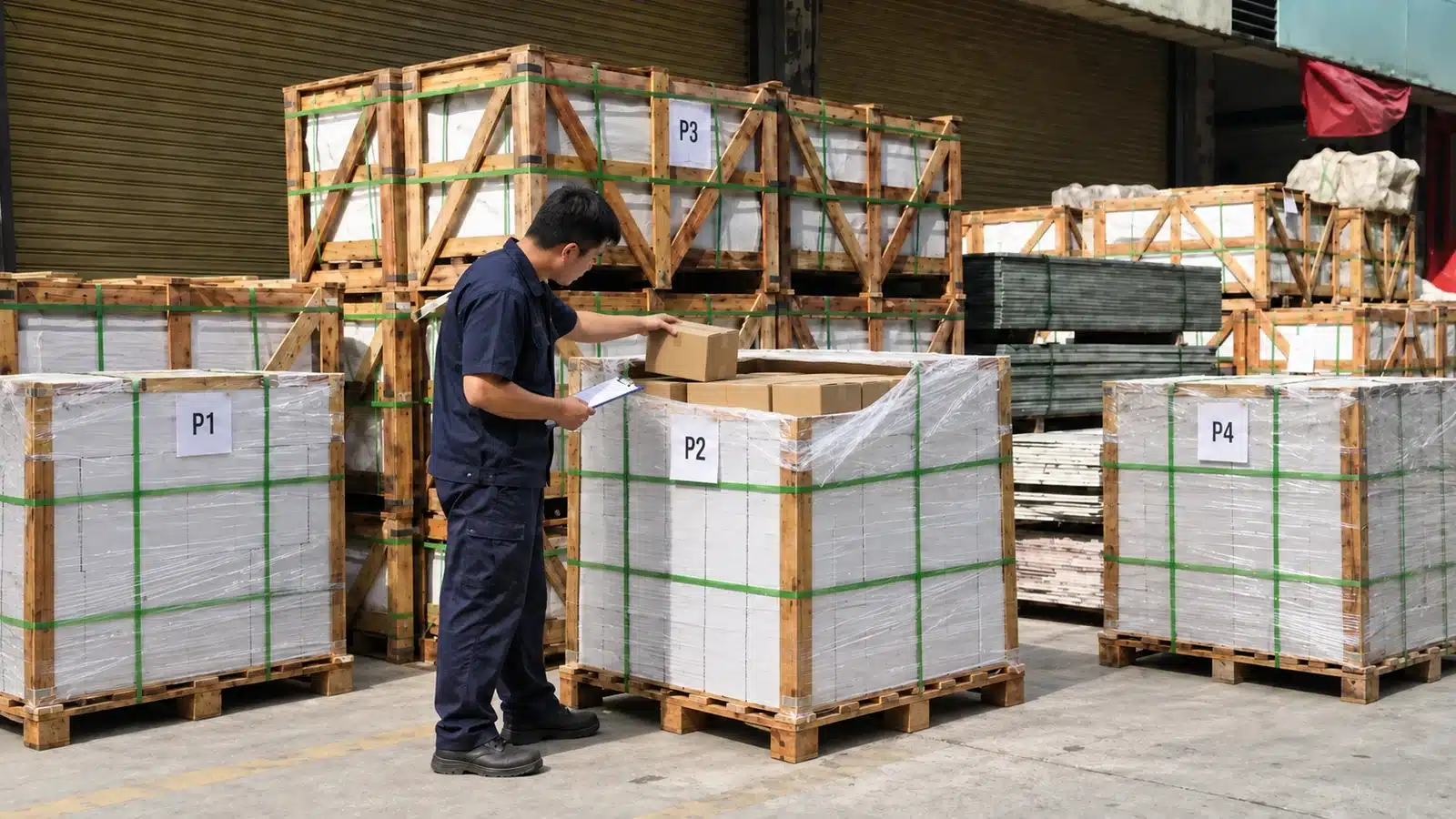 Inspector selecting building material samples from different pallet positions in a defined lot