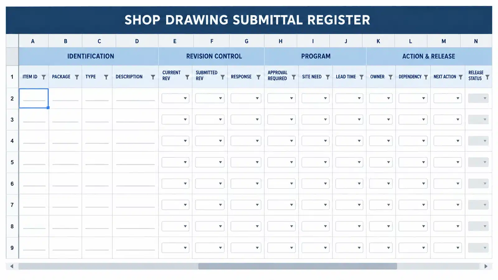 Shop drawing submittal register template with identification, dates, status, revision and responsibility fields