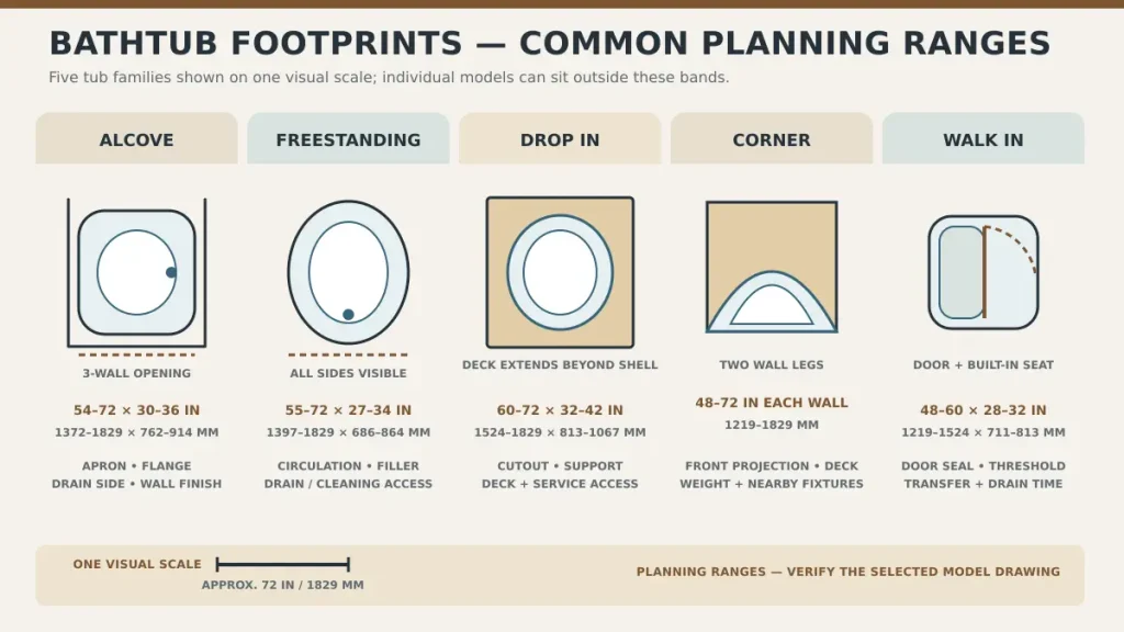 Standard bathtub size chart for alcove freestanding drop in corner and walk in tubs