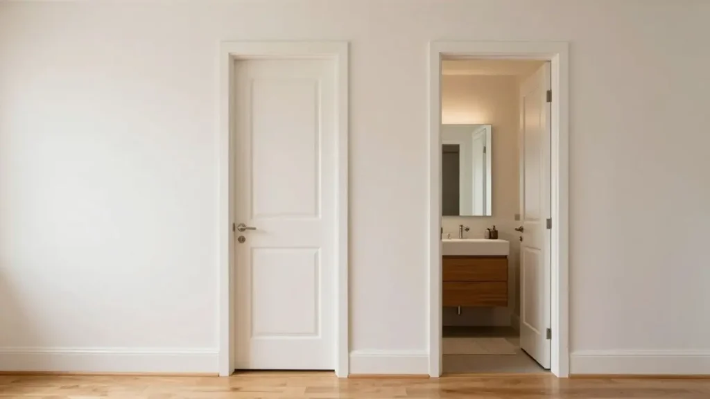 White interior bedroom and bathroom doors shown in a finished hallway