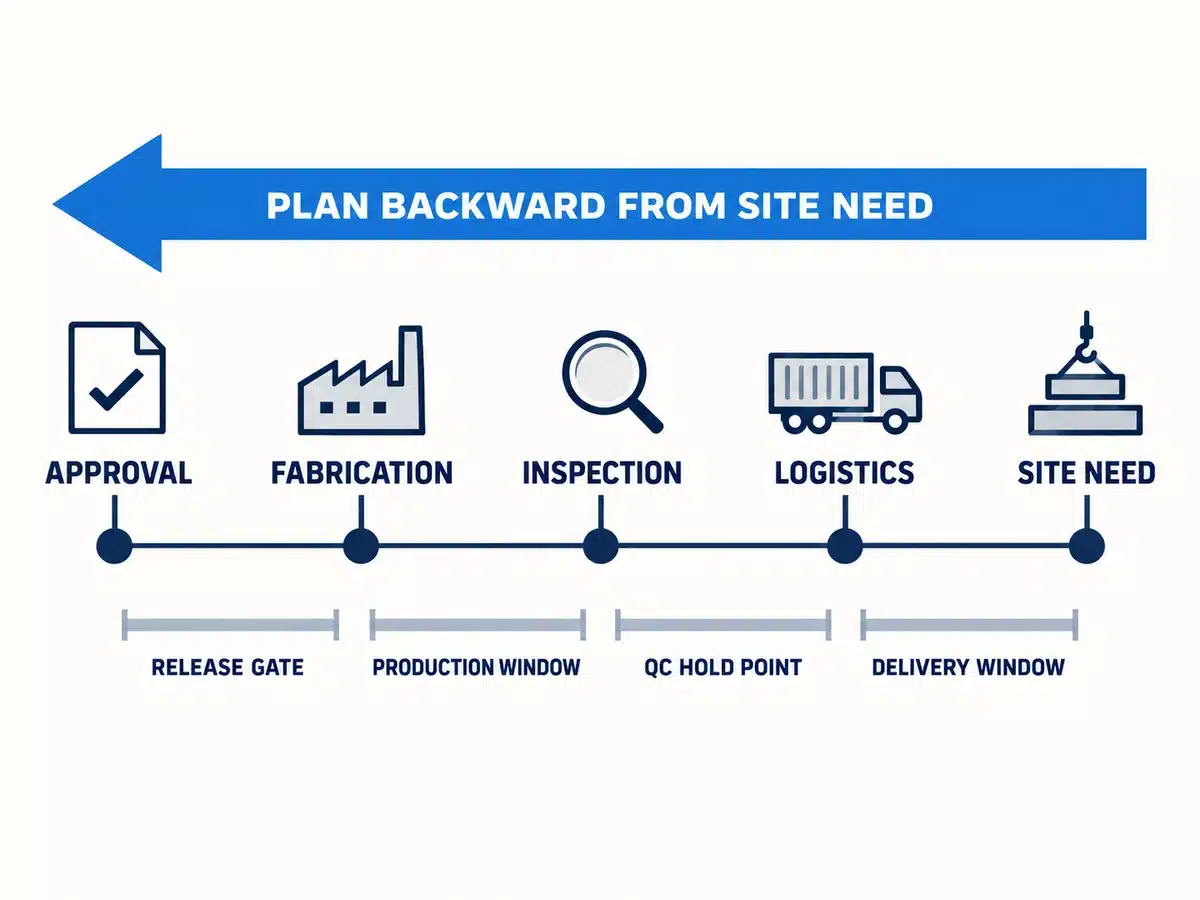 Submittal dates connected to fabrication, delivery and required on site milestones