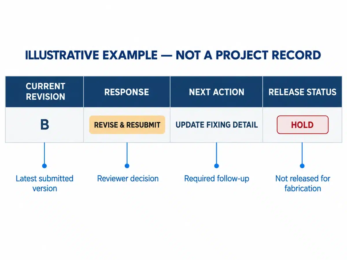Example shop drawing register entry showing revision, review status, next action and release control