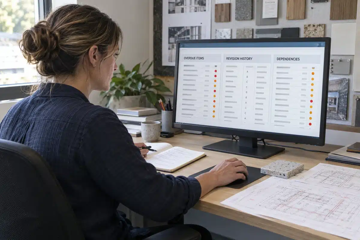 Project coordinator checking overdue submittals, revision history and approval dependencies